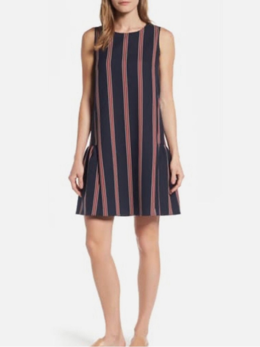 Halogen Flounce Navy Shift Dress Red White Vertical Stripes A Line Size M